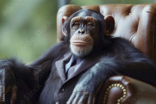 Suited Chimp: Executive Primate in Chair Exuding Human Mannerisms photo