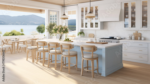 A modern coastal kitchen room and nautical details provide a relaxed seaside vibe. © Jaroon