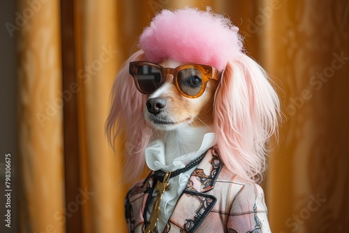 Chic Canine Style: Fashionable Dog in Pink Afro, Suit, and Shades