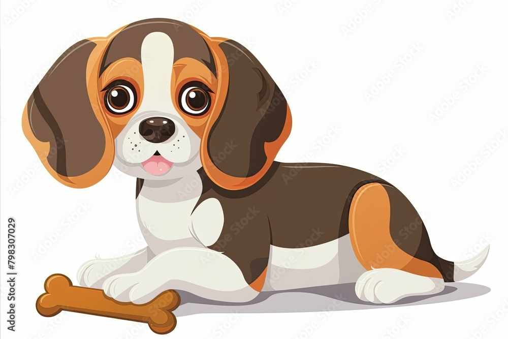 Adorable Beagle Puppy Cartoon with Bone - Fun Pet Dog Character - Children's Illustration