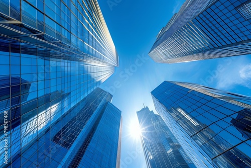 Blue Sky Glossy Skyscrapers  A Futuristic Urban Oasis