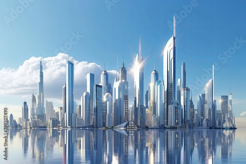 Glossy Towers Rise  Future Cityscape Elegance against Blue Sky
