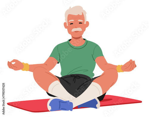 Elderly Man Character Wearing T-shirt Sitting In A Lotus Position On A Yoga Mat. His Hands Resting On His Knees