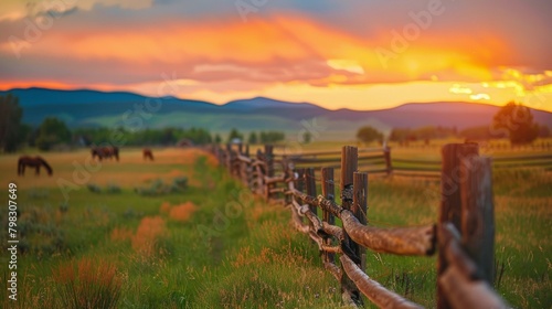 A defocused view of a rural ranch with a wooden fence and grazing horses the vibrant colors of the sunset painting the sky and reflecting off the calm lake in the background. .