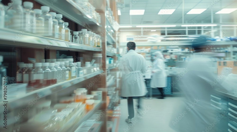 Defocused image of a bustling forensic lab with shelves of test tubes and evidence bags in the background. The lab is abuzz with activity as technicians examine and yze the collected .