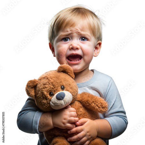 crying child holding teddy bear on transparent background