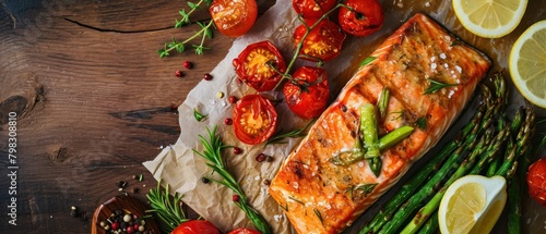 Grilled salmon steak with asparagus, tomatoes and lemon on wooden background. Seafood Concept with Copy Space. 