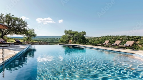 An empty swimming pool with blue water and open patio chairs set against a green Texas Hill country background under a clear sky  capturing a tranquil day