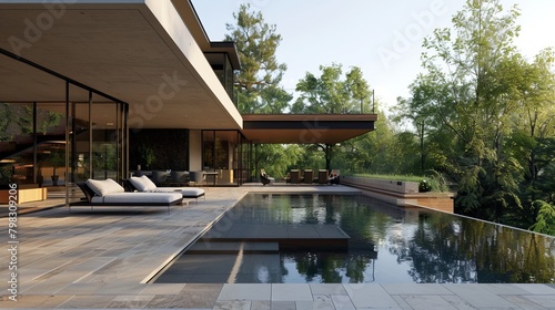 An infinity pool and patio area of a modern house, showcasing a blend of contemporary design and leisure