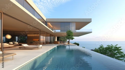 An infinity pool and patio area of a modern house, showcasing a blend of contemporary design and leisure © Orxan