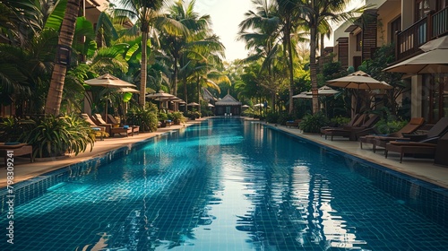 outdoor pool at the hotel in summer with nobody