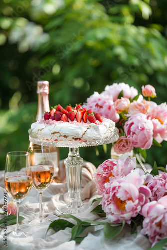 Various desserts and sparkling wine on a beautifully decorated outdoor table