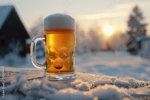 A mug of beer sitting on top of a snow covered ground next to a house and trees in the background a
