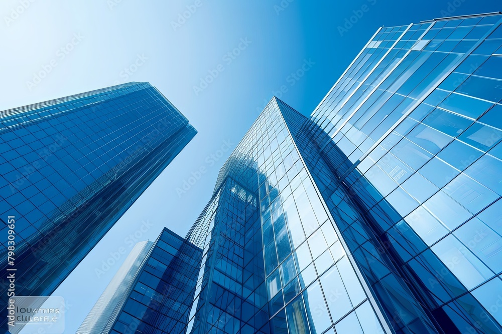 Mirrored Modern Skyscrapers Rising under Clear Blue Sky Mirrored Modern Skyscrapers Rising under Clear Blue Sky