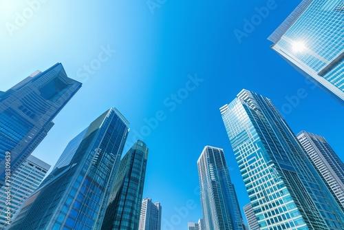 Clear Blue Skyline: Modern Cityscape with Glossy Skyscrapers