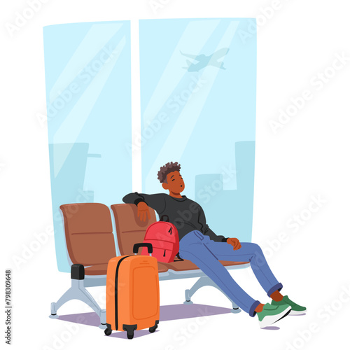 Male Character Sitting On A Chair At The Airport, Surrounded By Luggage, Man Sleeping and And Seem To Be Enjoying
