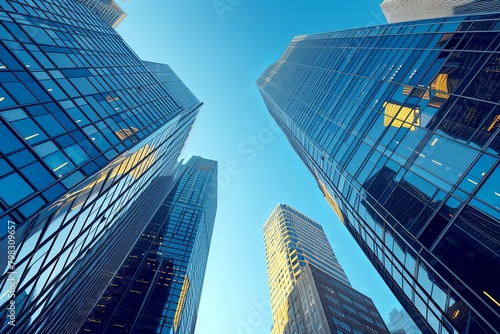 Blue Skies Over Modern City: Reflective Skyscrapers in Urban Landscape