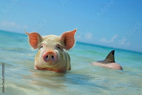 Shark Fin, Pig Float Adventure: Ocean Scene under Clear Sky
