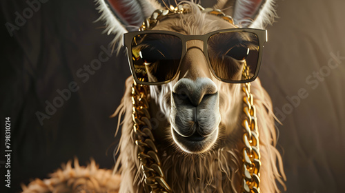 Llama Boss with Sunglasses and Gold Chains Realistic Style Digital Art photo
