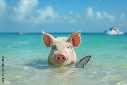 Pig Float among Spotless Sky with Shark Fin Close at Sea