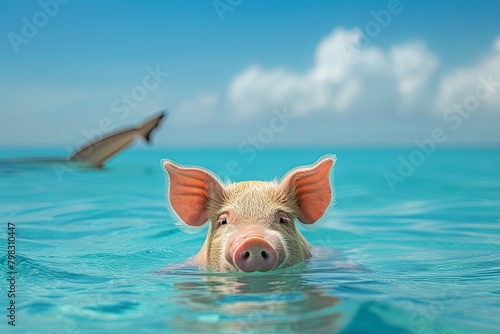 Pig Float in Blue Ocean: Shark Fin Silhouette Soars Amid Clear Sky