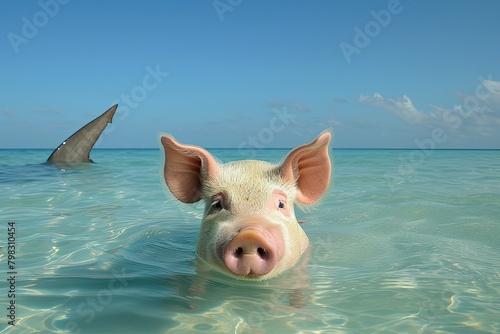 Pig Float at Sea with Shark's Fin: Beneath Vast Clear Sky