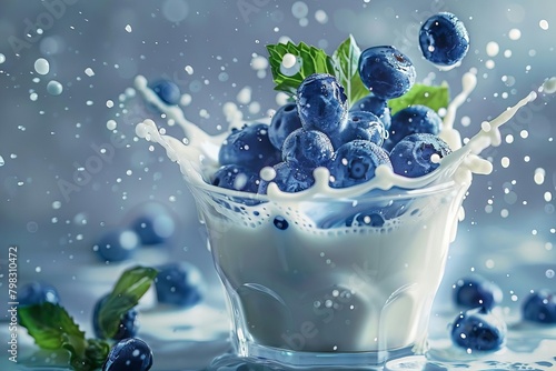 fresh blueberries splashing in milk healthy food concept 7