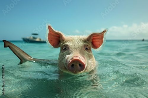 Pig Float in Open Waters with Shark Fin Stalking Under Clear Sky
