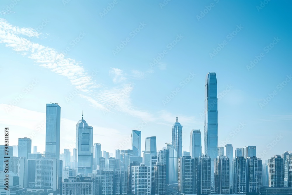 Glossy Towers: Skyline of the Future Under Serene Blue Sky Glossy Towers: Skyline of the Future Under Serene Blue Sky