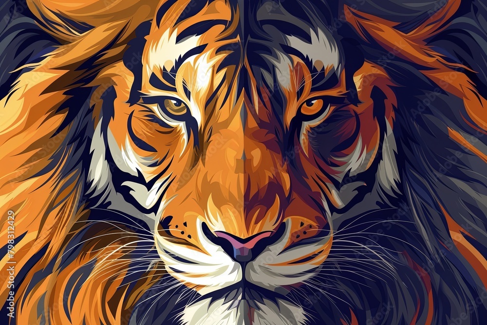 Wildcat Fusion: Stylish Vector Art of a Lion-Tiger Hybrid Face