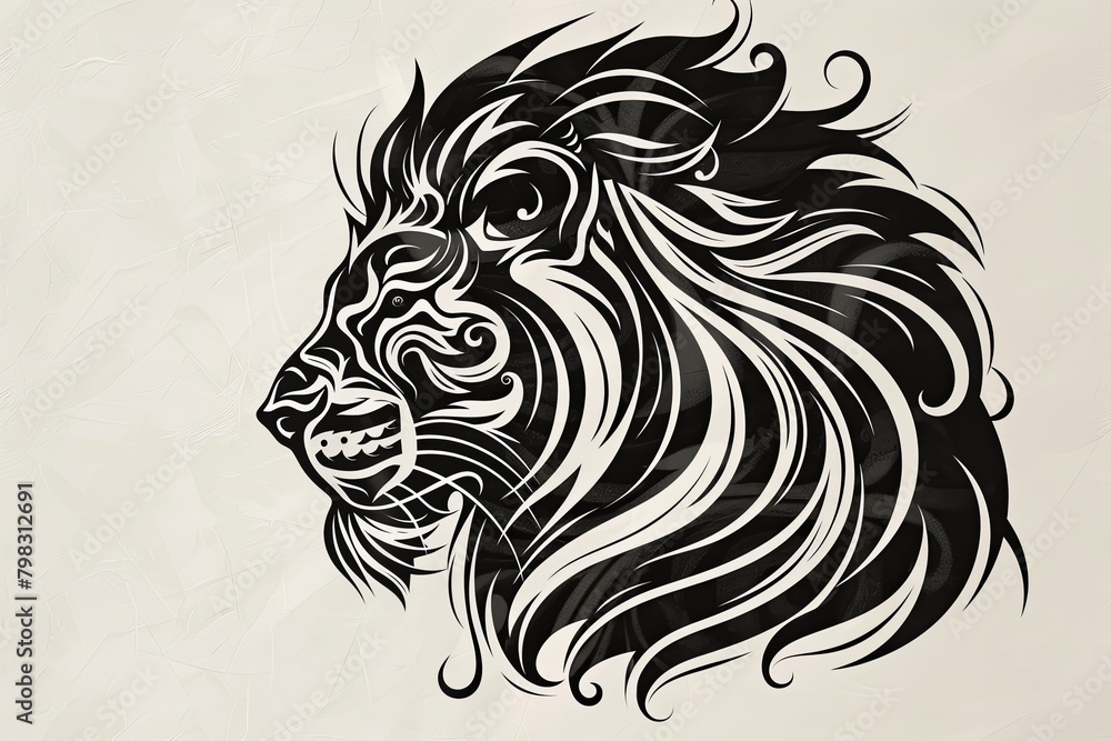 Feline Sovereign: Lion Head Tattoo-Inspired Vector with Intricate Fur Silhouette