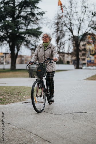 An elderly woman in casual wear rides her bike on a path with trees and a flag in the background. © qunica.com