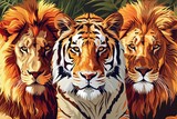 Majestic Predatory Felines: Vector Art of Lions and Tigers in the Wild