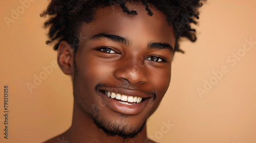 Beauty portrait of african american man with clean healthy skin on beige background, Smiling dreamy beautiful afro haitstyle boy.Curly black hair © Fatima