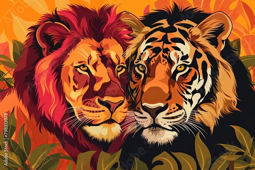 Predatory Felines in Vector Art  Lion and Tiger Illustration of Strength  Grace  and Sovereignty
