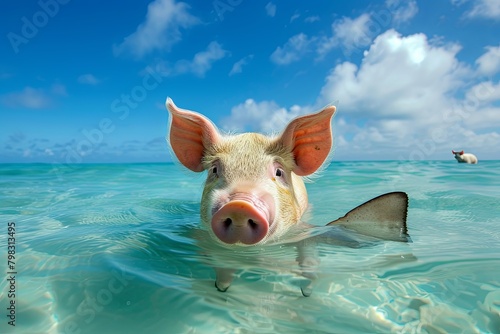 Tranquil Sea: Pig Float and Stalking Shark Fin Under Clear Sky
