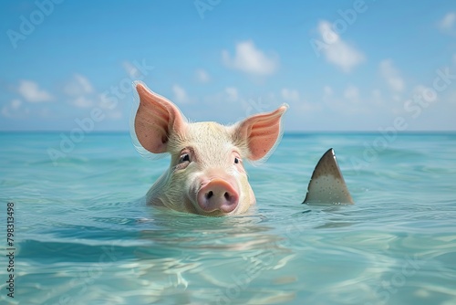Tranquil Sea: Pig Float and Stalking Shark Fin Beneath Clear Sky