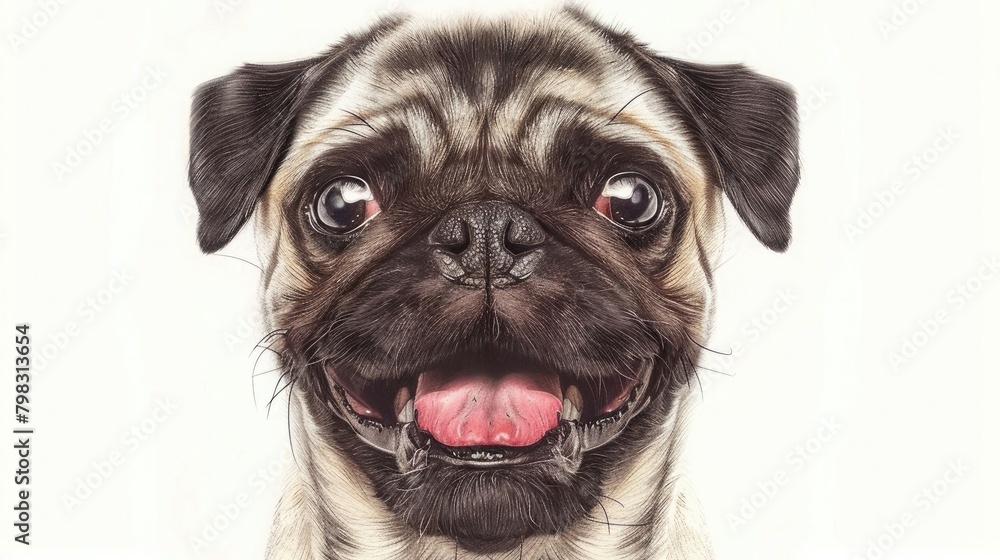 llustrate an exact front-facing close-up of a smiling Pug's head only, depicted in a colored pencil sketch 