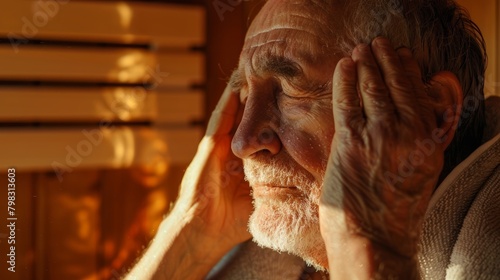 An older person using a towel to wipe away the sweat from their face while inside the sauna enjoying the detoxifying benefits of infrared heat..