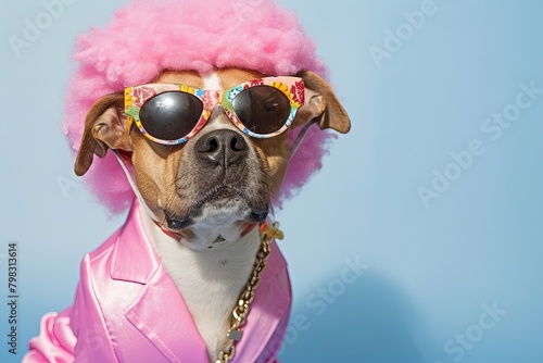 Trendy Dog in Pink Suit: Afro Wig and Sunglasses Style © Michael