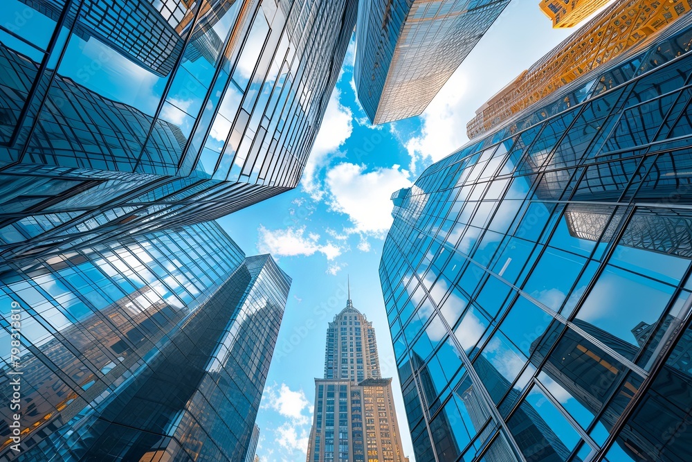 Fototapeta premium Blue Sky Reflections: Urban Skylines of Glass and Steel