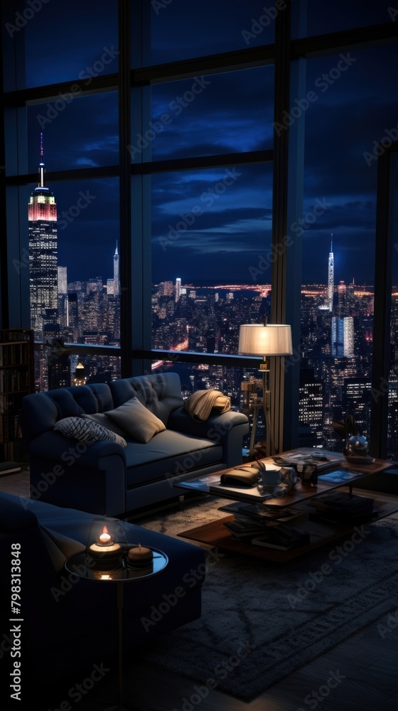 New york Apartment in blue night city architecture cityscape.