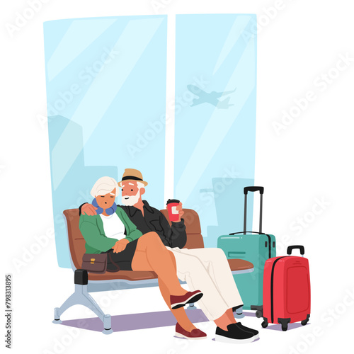 Elderly Couple Is Relaxing At The Airport Terminal. Senior Male and Female Characters Sleep and Enjoying The Comfort