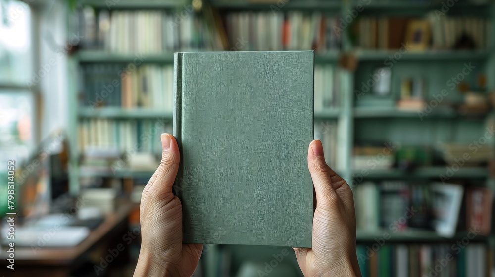 A blank green book cover is displayed on a modern office background. A blank green book cover is displayed on a modern office background.