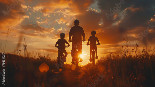 Biker family silhouette, father with two kids on bikes