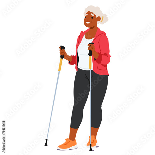 Elderly Black Woman in Sportswear Walking With Nordic Poles. Old Active Female Character Smiles, Vector Illustration