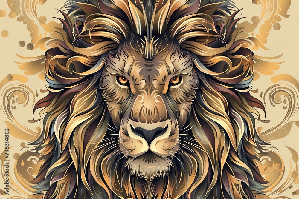 Royal Power: Detailed Fur Lion Head Vector Illustration - Tattoo Art Style
