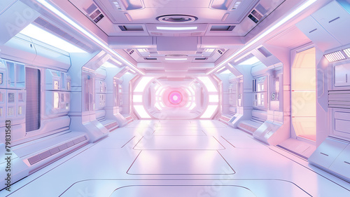 Futuristic spaceship corridor with glowing lights and a pink hue.
