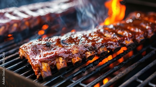 Grilled chicken wings on the barbecue grill, close-up. BBQ with Copy Space. 