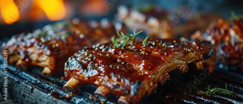 Barbecue Grill Pork Ribs with Spicy Sauce and Rosemary. BBQ with Copy Space. 